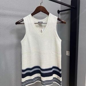 Authentic Chanel White Knit Sleeveless Top with Stripes